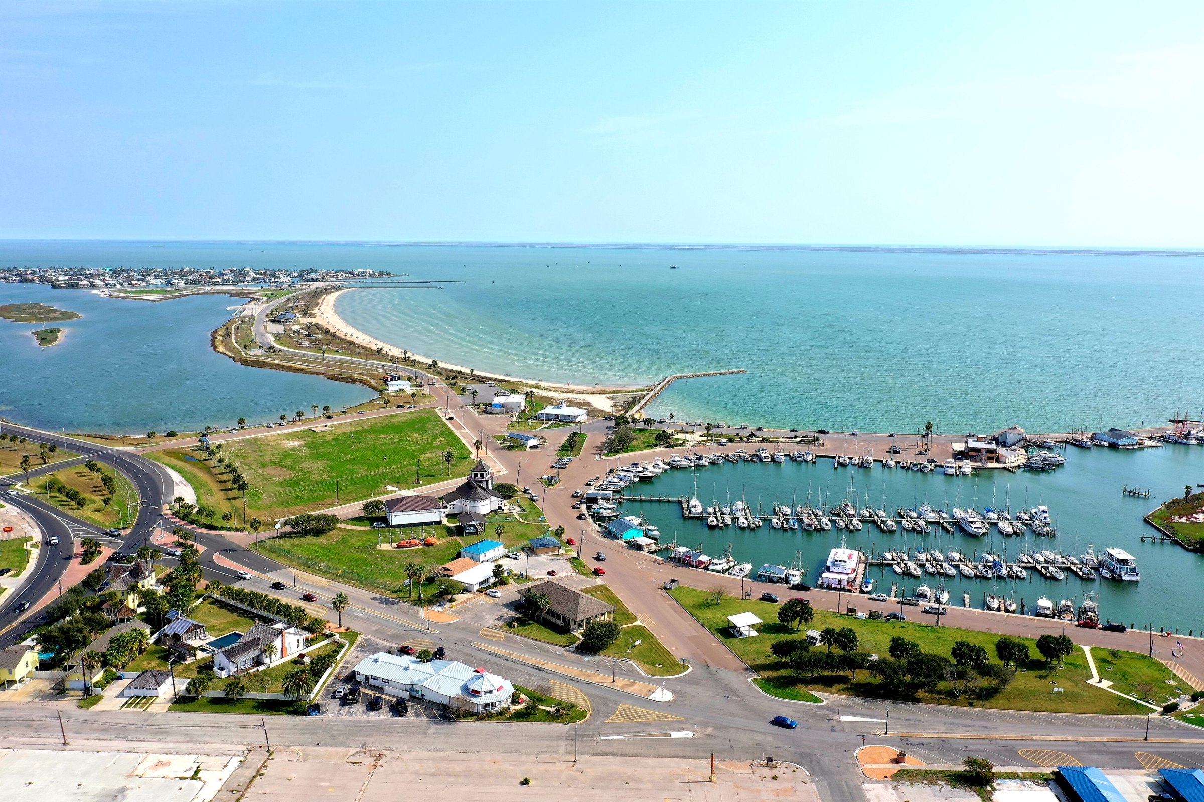 Aerial view of Rockport harbor and marina